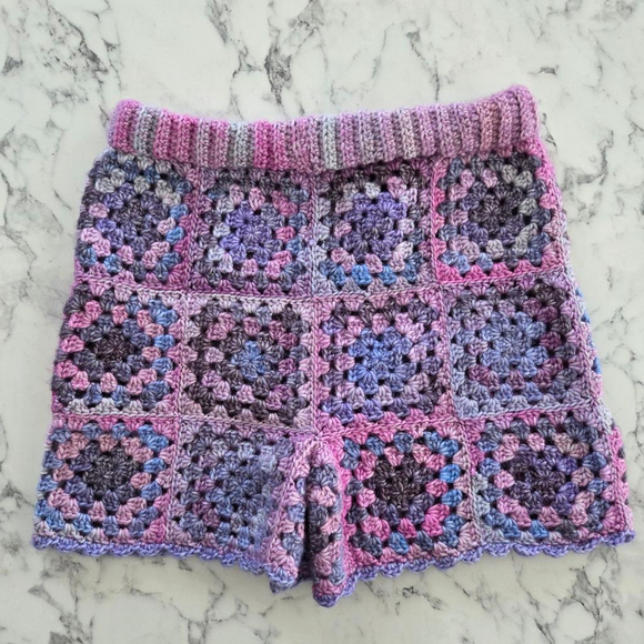 Handmade Pants - Handmade Pastel Crochet Granny Square Knit Shorts Medium Festival Grannycore